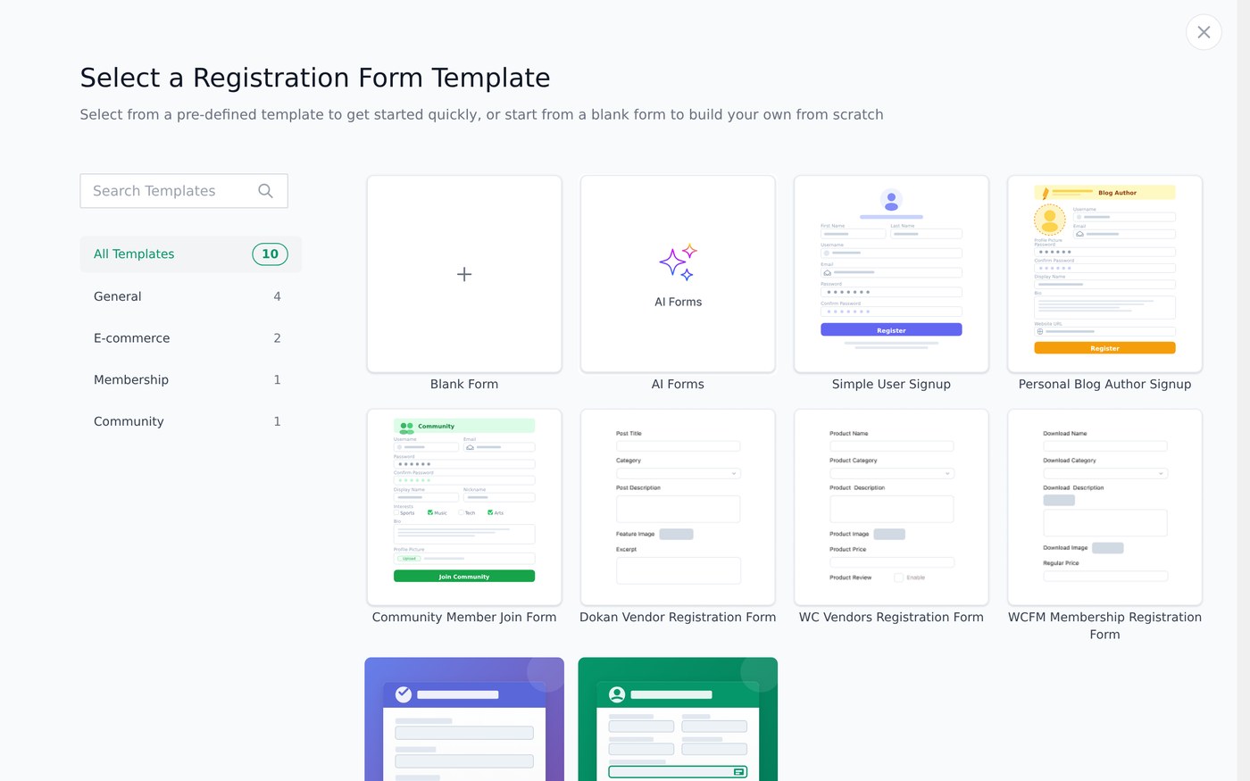 The WP User Frontend registration form template picker showing ten templates including Dokan Vendor Registration Form