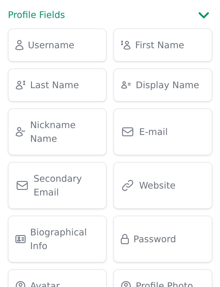 The Profile Fields panel in the WPUF form builder listing available fields