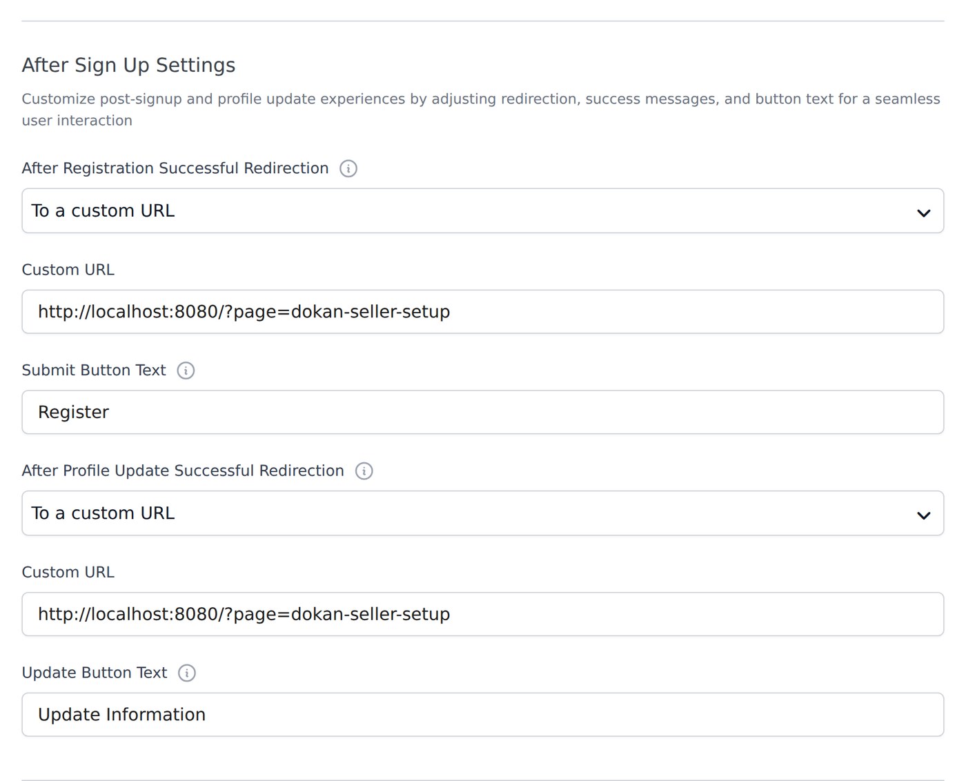 After Sign Up Settings showing the redirect URL and submit button text
