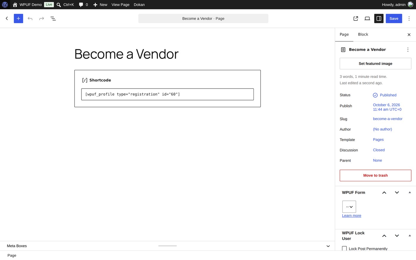 A WordPress page called Become a Vendor containing the WPUF registration shortcode