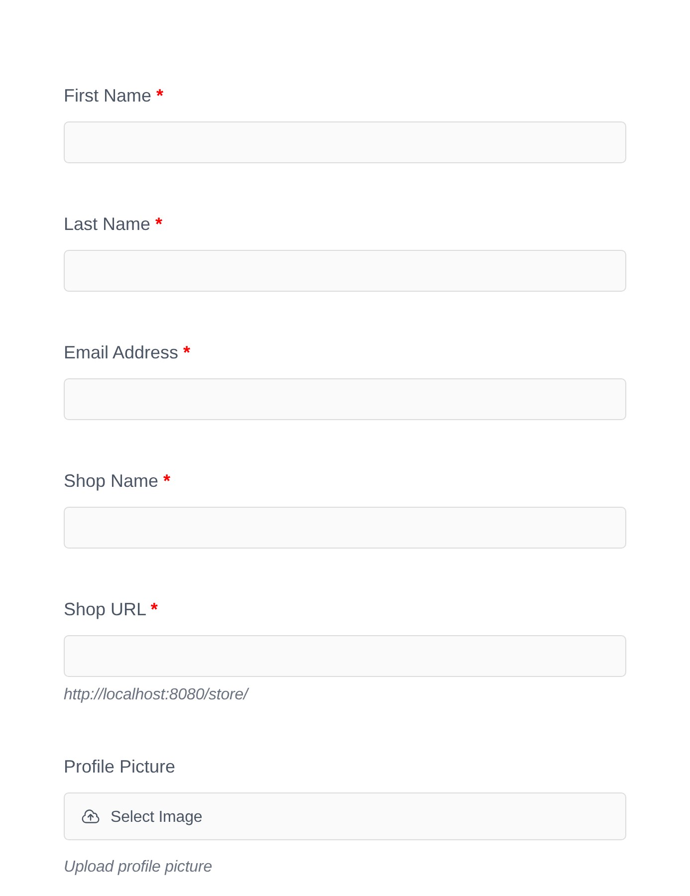 The published vendor registration form as a visitor sees it